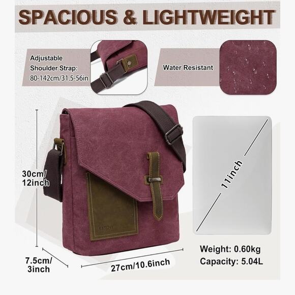 NWT VASCHY Small Messenger BagVintage Canvas Leather Crossbody Burgundy - Picture 8 of 9